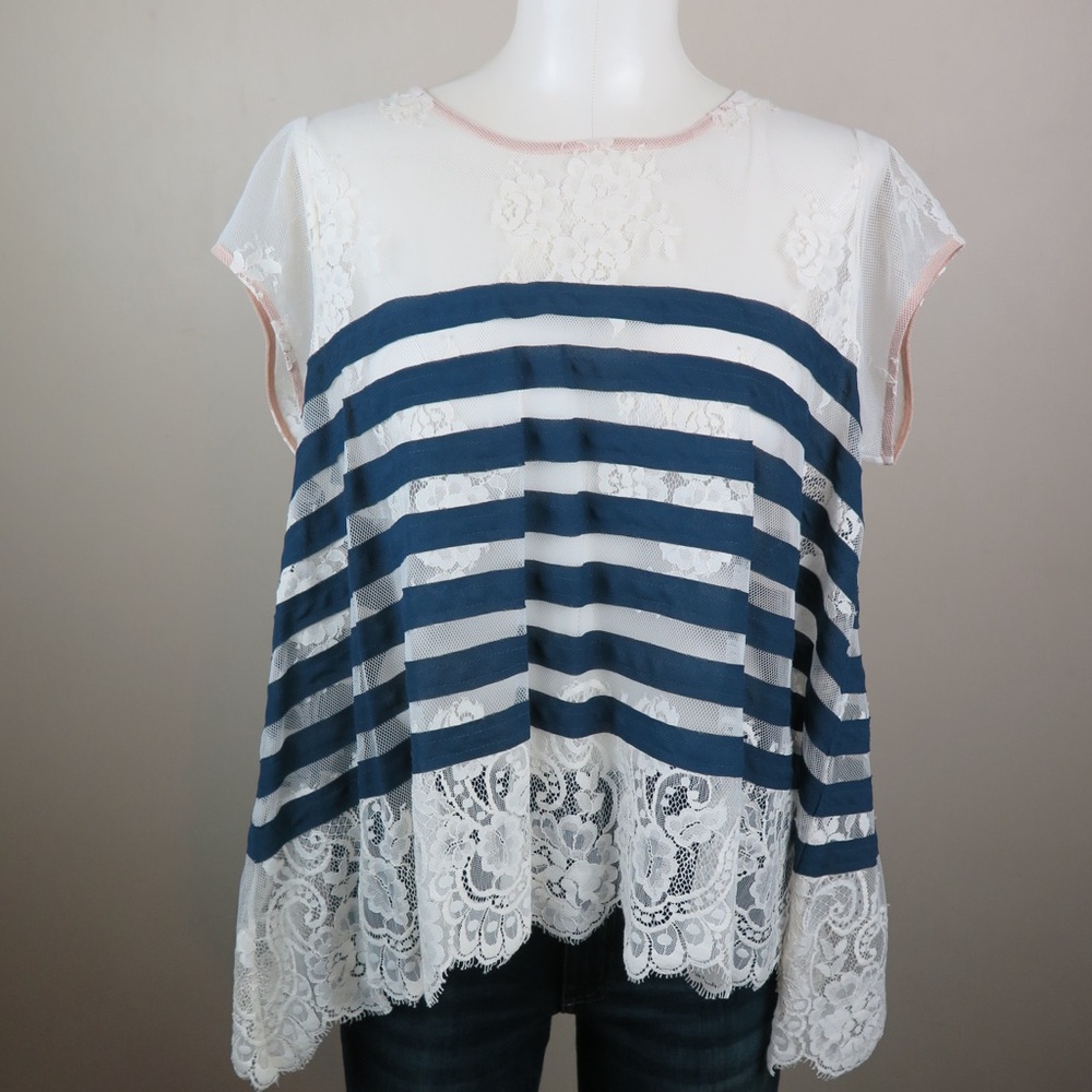 New BCBG Max Azria Blue White Striped Lace Blouse Y2K Preppy Coquette Twee